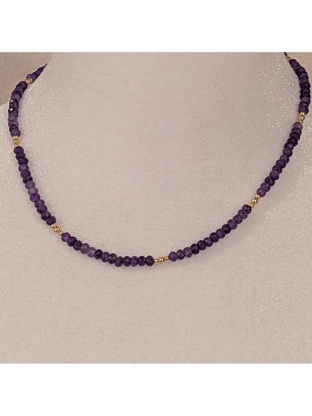 Amethyst Beaded Necklace  Choker with Gold Accents , French Design,HandMade ,New